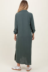 Olive Long Sleeve Button Down Maternity Maxi Dress