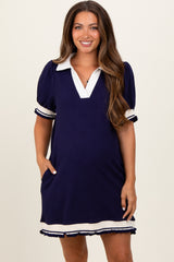 Navy Knit Contrast Trim Collared Maternity Mini Dress