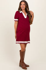 Burgundy Knit Contrast Trim Collared Maternity Mini Dress