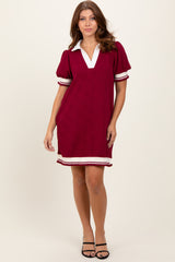 Burgundy Knit Contrast Trim Collared Maternity Mini Dress