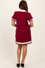 Burgundy Knit Contrast Trim Collared Mini Dress