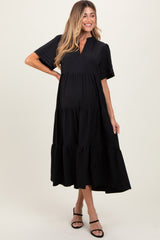 Black V-Neck Tiered Maternity Midi Dress