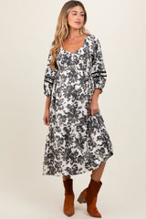 Cream Floral Smocked 3/4 Sleeve Tiered Maternity Midi Dress