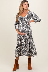 Cream Floral Smocked 3/4 Sleeve Tiered Maternity Midi Dress