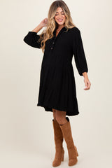 Black Linen Button Up Tiered Maternity Dress