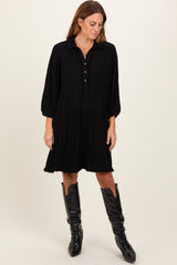 Black Linen Button Up Tiered Maternity Dress