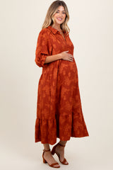 Dark Orange Floral Applique Collared Maternity Midi Dress