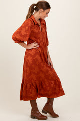 Dark Orange Floral Applique Collared Midi Dress