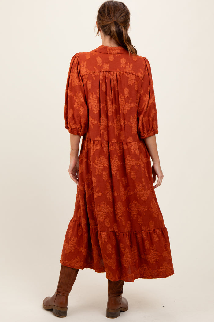 Dark Orange Floral Applique Collared Midi Dress