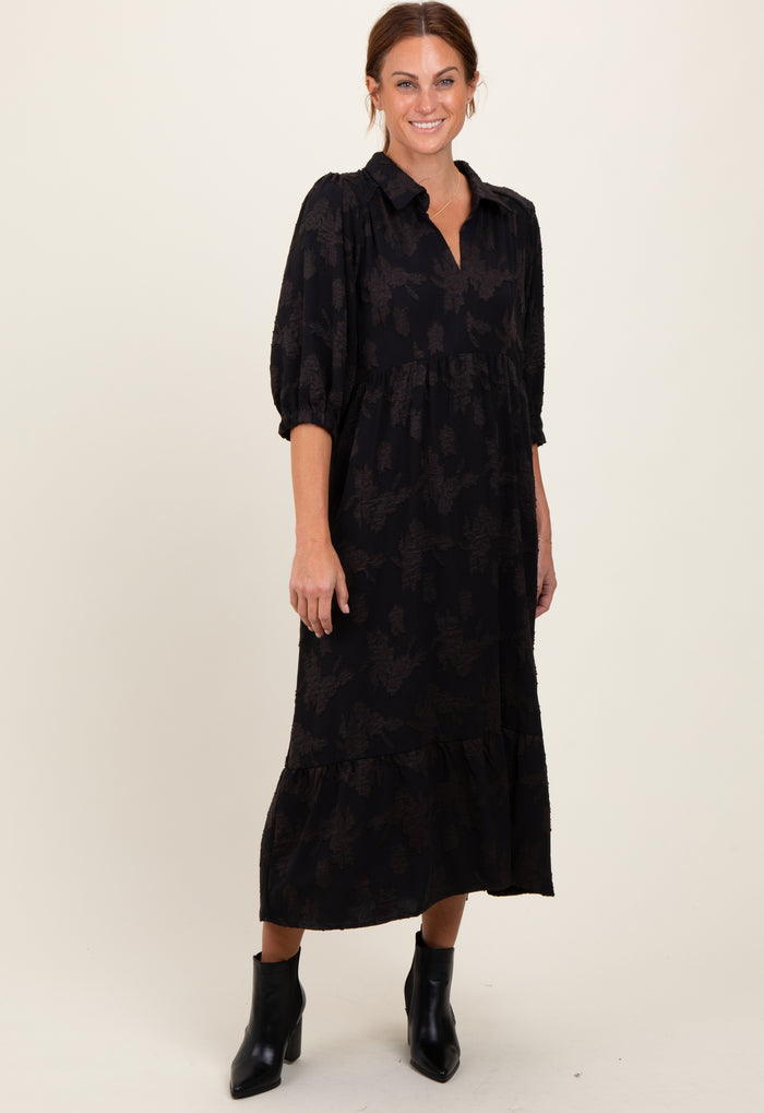 Black Floral Applique Collared Midi Dress