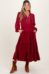 Burgundy Cotton Gauze Long Sleeve Tiered Maternity Midi Dress