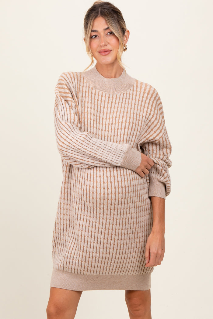 Cream Mock Neck Cable Knit Maternity Sweater Dress