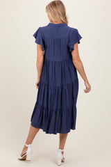 Navy Blue Ruffle Sleeve V-Neck Tiered Maternity Midi Dress