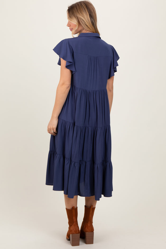Navy Blue Ruffle Sleeve V-Neck Tiered Midi Dress