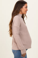 Beige Relaxed Mock Neck Maternity Sweater