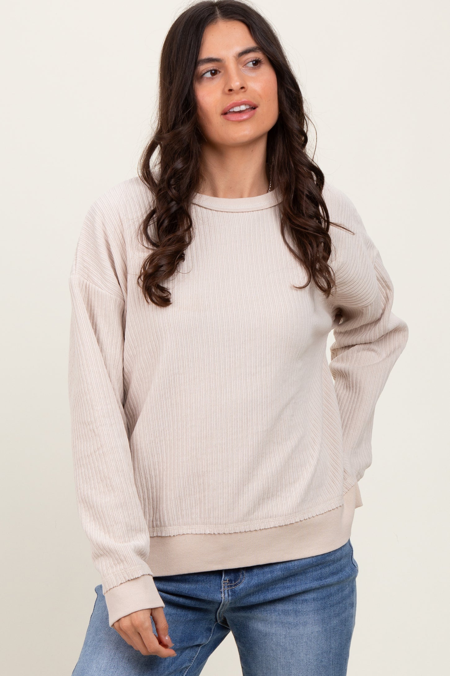 Cream Ribbed Brushed Knit Pullover Top