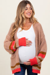 Camel Chunky Knit Stripe Detail Maternity Sweater Cardigan