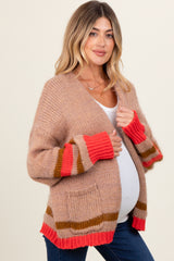 Camel Chunky Knit Stripe Detail Maternity Sweater Cardigan