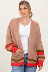 Camel Chunky Knit Stripe Detail Maternity Sweater Cardigan