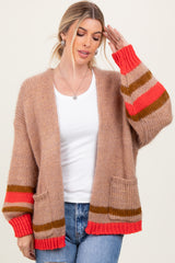 Camel Chunky Knit Stripe Detail Sweater Cardigan