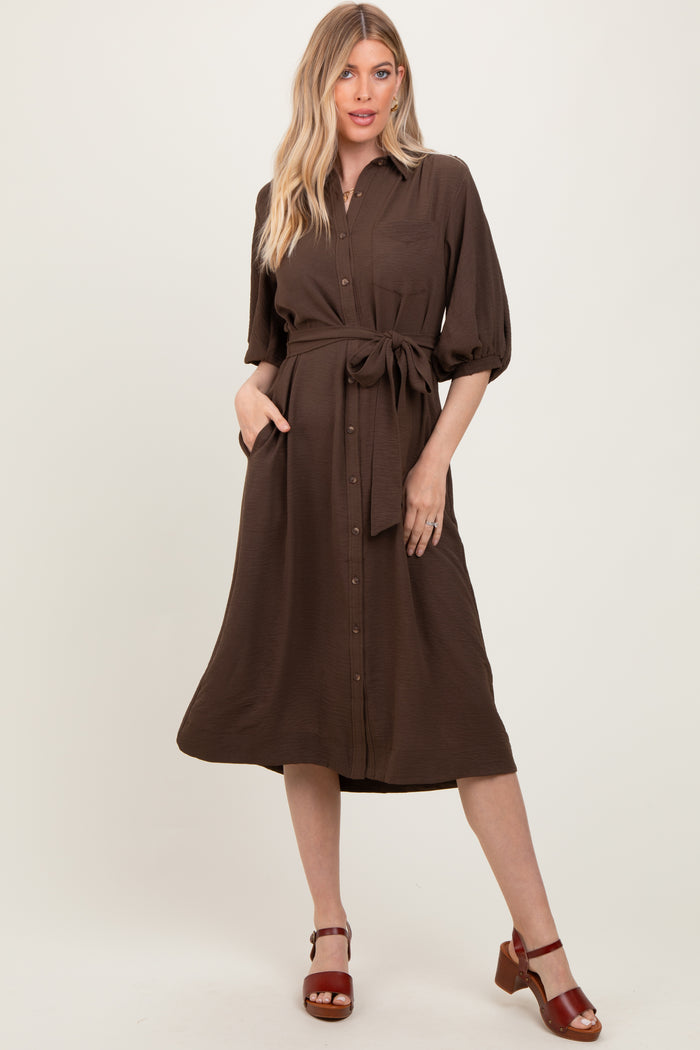 Brown Sash Tie Maternity Midi Shirt Dress
