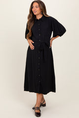 Black Sash Tie Maternity Midi Shirt Dress