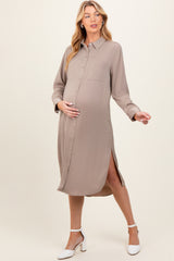 Light Taupe Long Sleeve Maternity Midi Shirt Dress