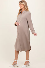 Light Taupe Long Sleeve Maternity Midi Shirt Dress