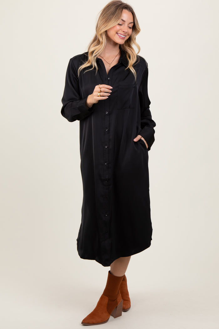 Black Long Sleeve Midi Shirt Dress
