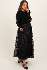 Black Floral Applique Contrast Skirt Maternity Midi Dress