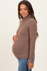 Mocha Ribbed Knit Ruffle Edge Turtleneck Maternity Top