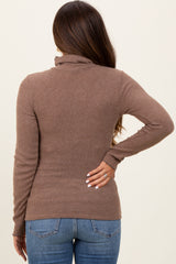 Mocha Ribbed Knit Ruffle Edge Turtleneck Maternity Top