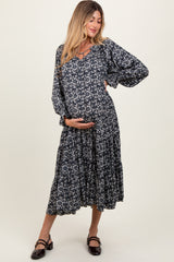 Navy Blue Floral Tie Neckline Tiered Maternity Maxi Dress