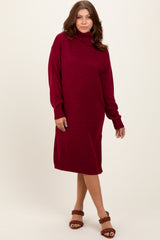 Burgundy Turtleneck Side Slit Midi Sweater Dress