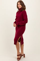 Burgundy Turtleneck Side Slit Maternity Midi Sweater Dress