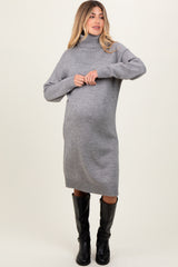 Heather Grey Turtleneck Side Slit Maternity Midi Sweater Dress