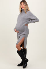 Heather Grey Turtleneck Side Slit Maternity Midi Sweater Dress