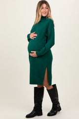 Forest Green Turtleneck Side Slit Maternity Midi Sweater Dress