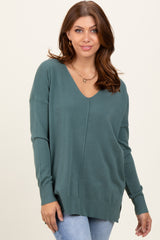 Olive Front Seam V-Neck Side Slit Sweater