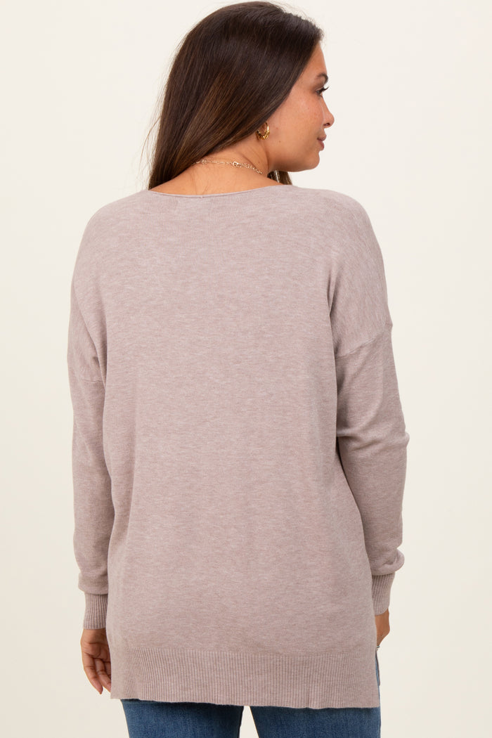 Beige Front Seam V-Neck Side Slit Maternity Sweater