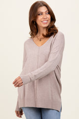 Beige Front Seam V-Neck Side Slit Sweater