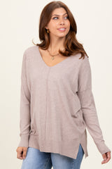 Beige Front Seam V-Neck Side Slit Sweater