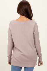 Beige Front Seam V-Neck Side Slit Sweater