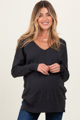 Charcoal Front Seam V-Neck Side Slit Maternity Sweater