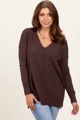 Brown Front Seam V-Neck Side Slit Maternity Sweater