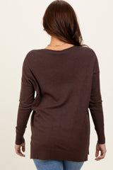 Brown Front Seam V-Neck Side Slit Sweater