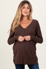 Brown Front Seam V-Neck Side Slit Maternity Sweater