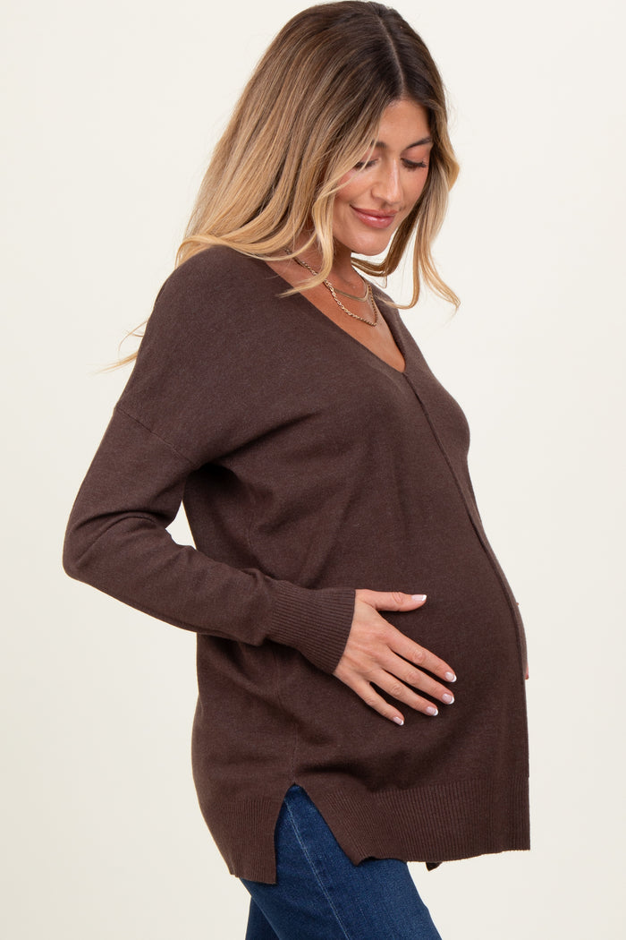 Brown Front Seam V-Neck Side Slit Maternity Sweater