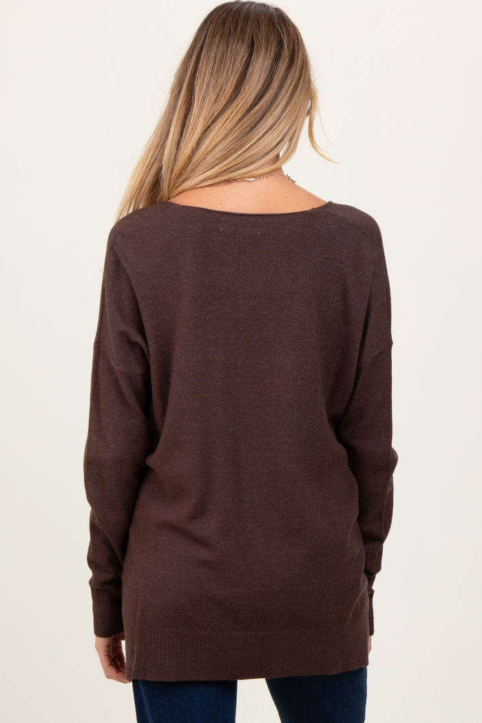 Brown Front Seam V-Neck Side Slit Maternity Sweater