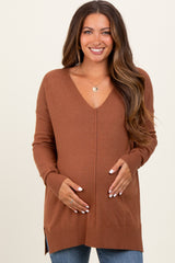 Camel Front Seam V-Neck Side Slit Maternity Sweater